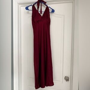 Elegant Satin Burgundy Halter Dress